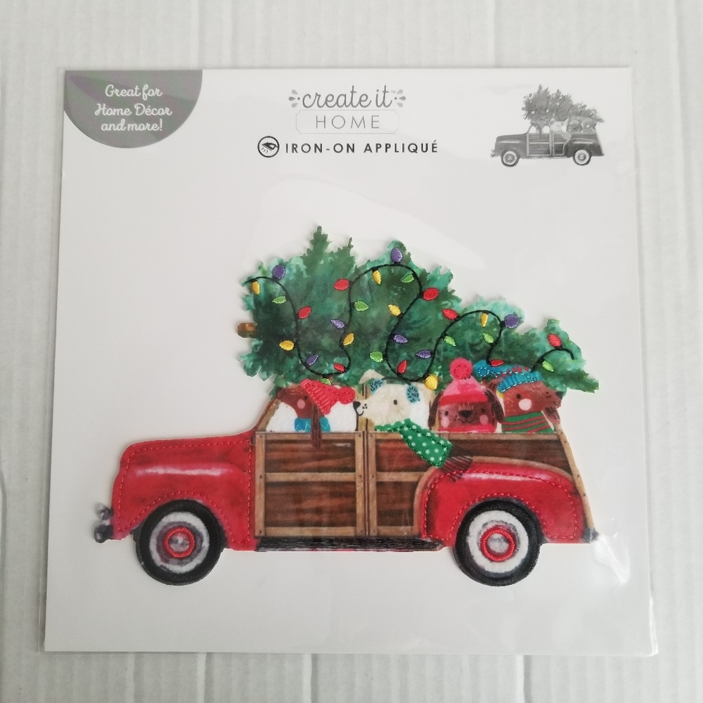 New Create It Home Iron On Applique Puppy Dog Car Wagon Christmas Tree Holiday